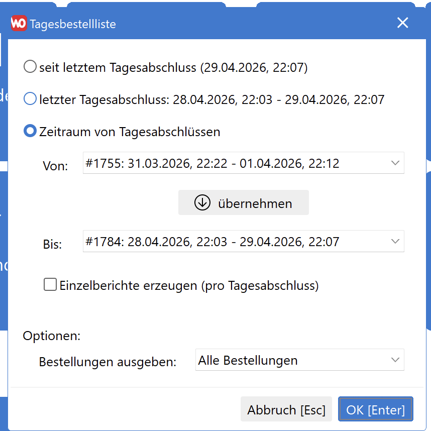 Tagesbestellliste – Zeitraum auswählen