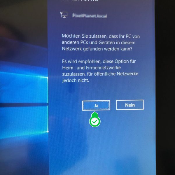 Screenshot der Windows 10 Abfrage: Zulassen, dass PC von anderen PCs im Netzwerk gefunden wird